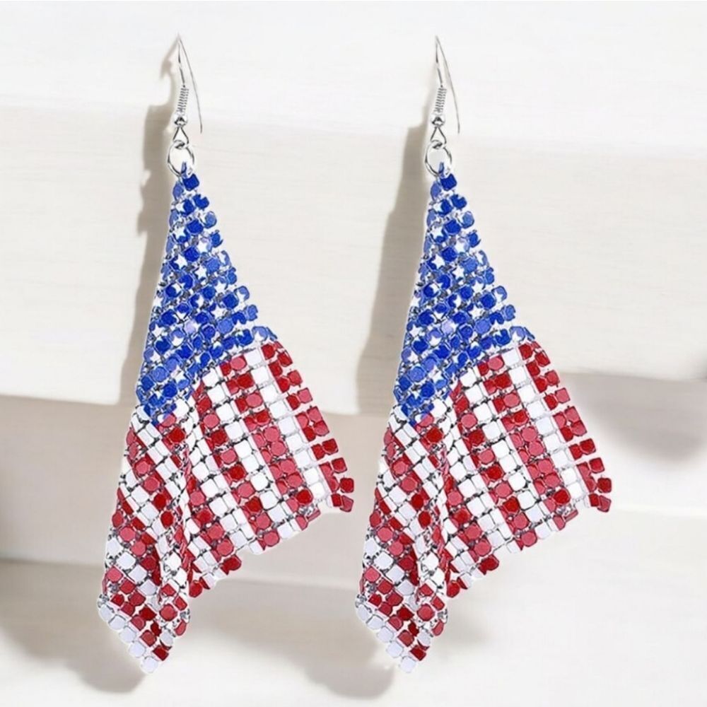 American Flag Metal Earrings Fish Hook Dangle Pierced Patriotic Jewelry America